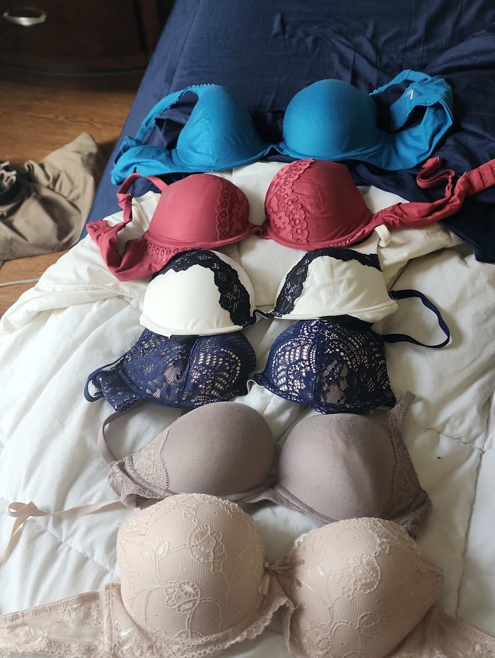 Women’s Lace and T-Shirt Bra Set - Blue, Red, White, Navy, Taupe, Beige